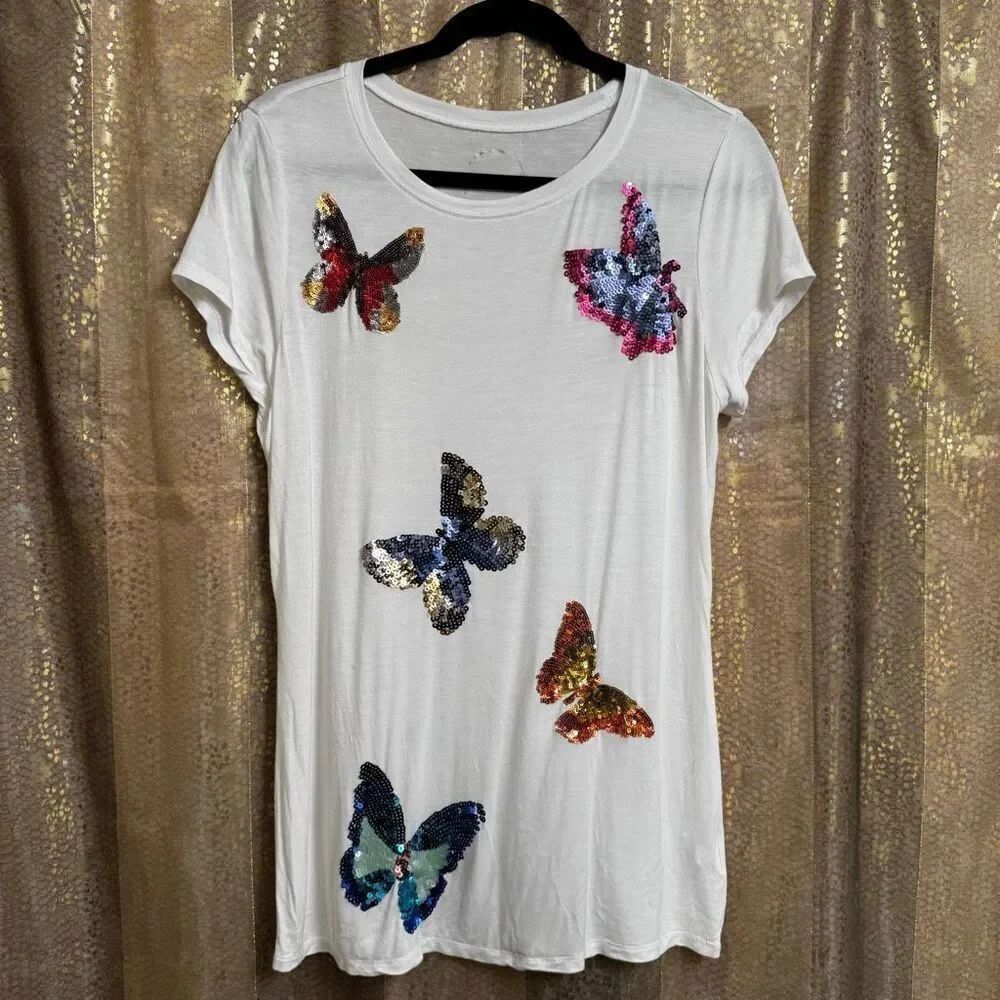 INC international Concepts White Colorful Sequin Butterfly T-Shirt XL